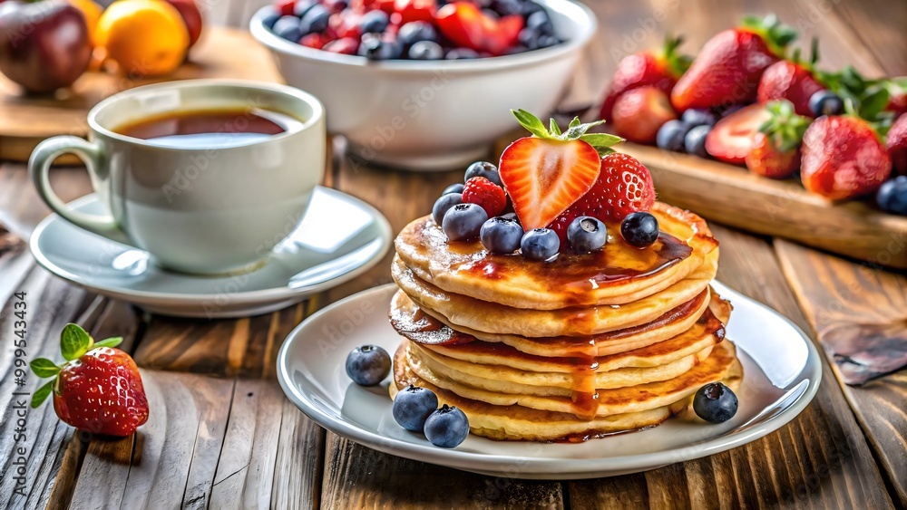 An inviting breakfast scene with fluffy pancakes topped with berries and syrup An inviting breakfast scene with fluffy pancakes topped with berries and syrup