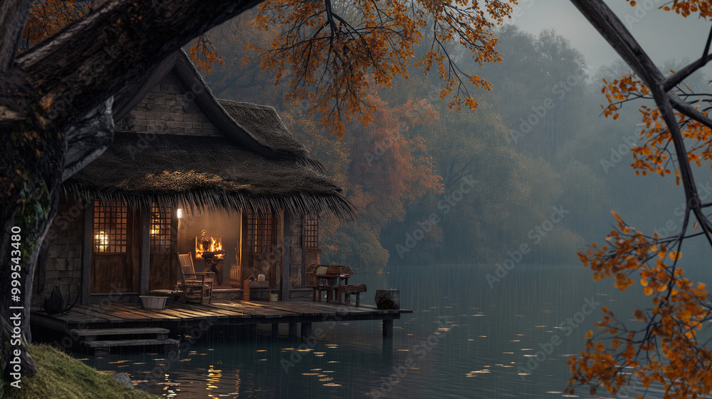 Fototapeta premium Cinematic still of a cabin with a thatched roof and wooden deck by a lake, during the evening, a fireplace is lit on one side of the room