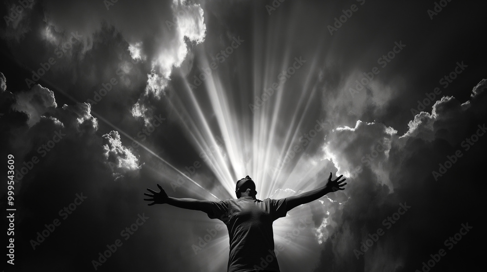 A man stands with his arms outstretched, facing the camera in black and white. He is illuminated by rays of light that emanate from behind him A man stands with his arms outstretched, facing the camera in black and white. He is illuminated by rays of light that emanate from behind him
