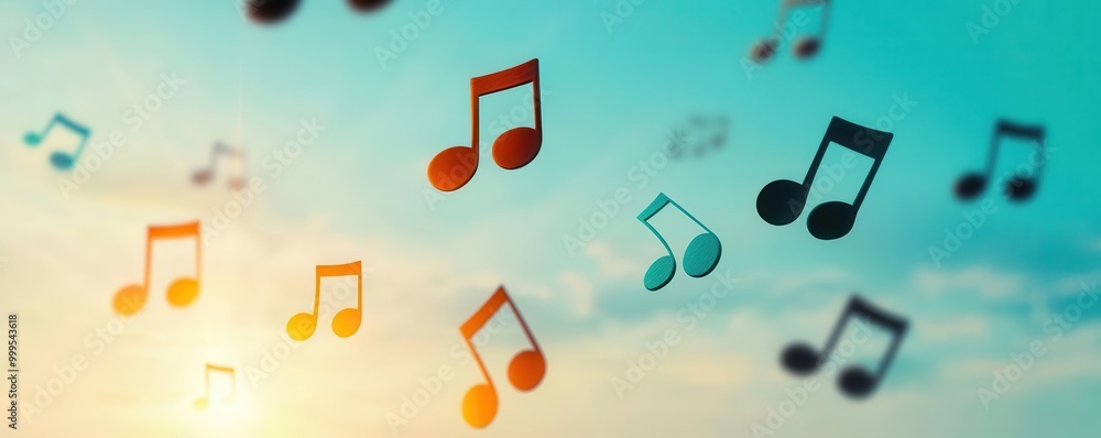 Colorful musical notes floating in a serene sky during sunset, creating a whimsical and joyful atmosphere that evokes a sense of harmony and creativity. Colorful musical notes floating in a serene sky during sunset, creating a whimsical and joyful atmosphere that evokes a sense of harmony and creativity.