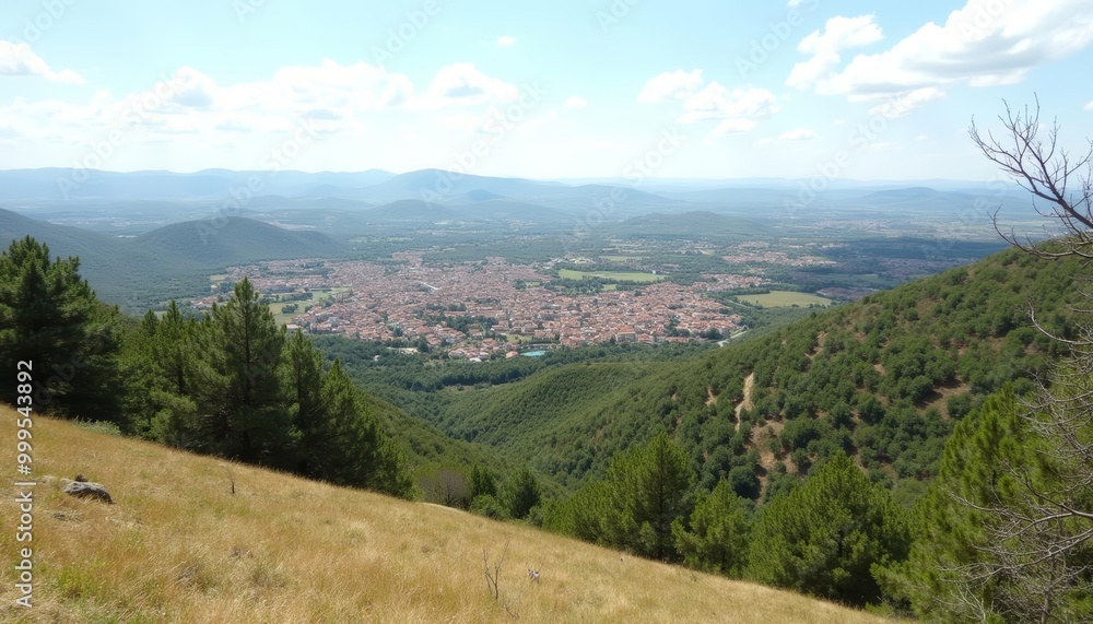 Fototapeta premium Elevated view of a serene valley and town under a clear sky