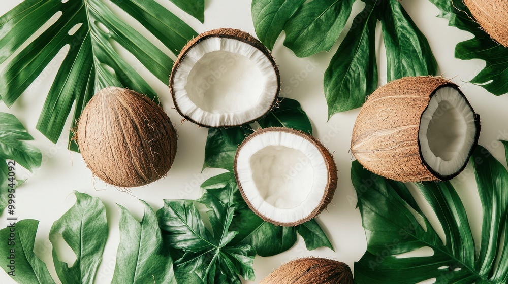 Fresh Coconuts and Tropical Green Leaves Flat Lay on White Background - Natural and Organic Summer Vibes Fresh Coconuts and Tropical Green Leaves Flat Lay on White Background - Natural and Organic Summer Vibes