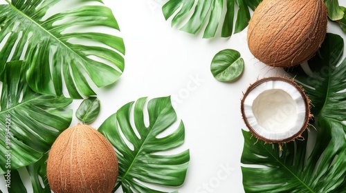 Fresh Coconuts and Tropical Monstera Leaves on White Background - Natural and Exotic Summer Vibes