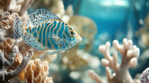 Colorful Striped Fish Swimming Among Coral in a Vibrant Ocean Scene