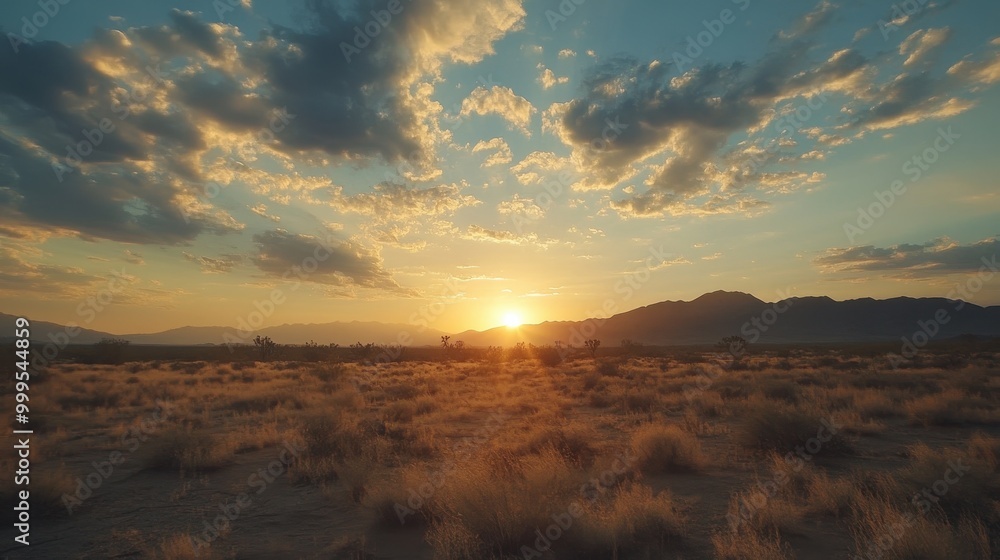 Obraz premium Stunning Desert Sunset with Dramatic Clouds and Golden Light Over a Vast Arid Landscape