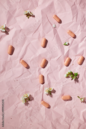 Overhead View of Multiple Blister Packs of Medication on a Crumpled Pink Surface