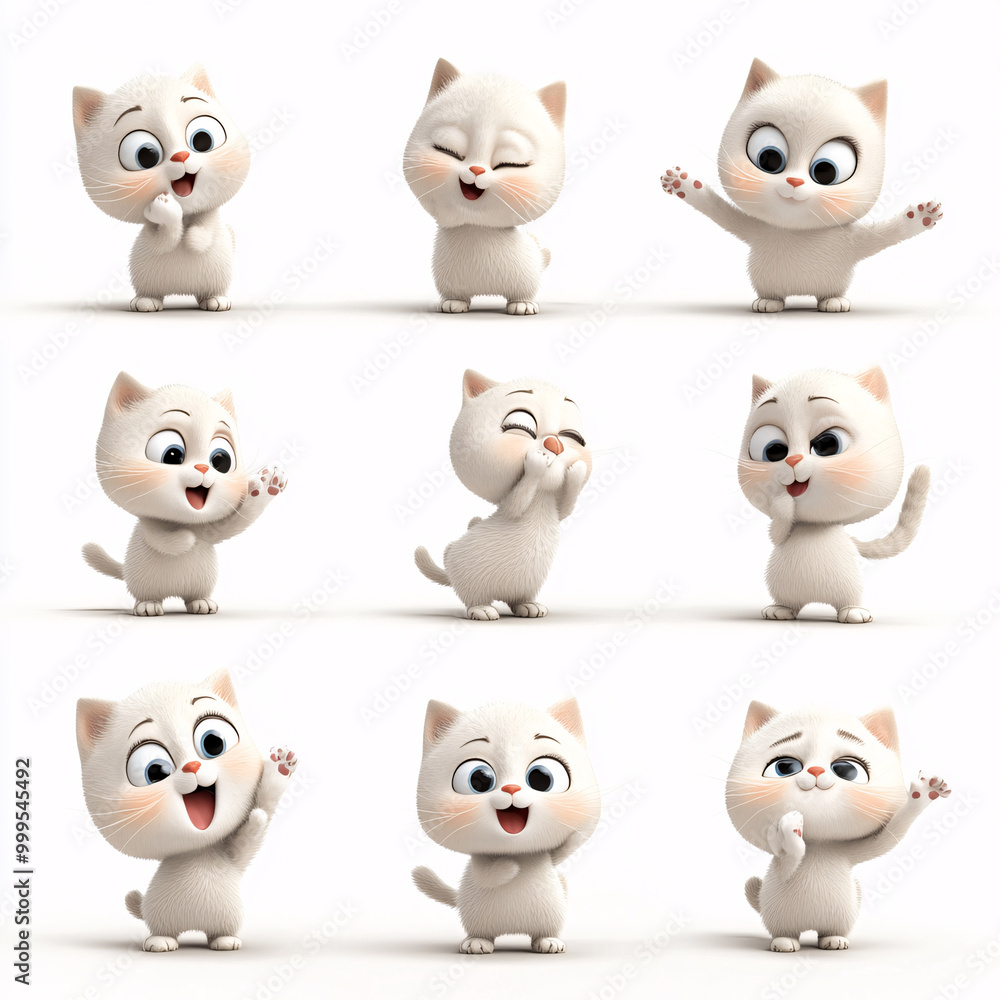 Cute plush kitten, illustration, full body, multiple posture expressions, happy, serious, angry, crying, shy, pointing to the upper right corner, white background, Cute plush kitten, illustration, full body, multiple posture expressions, happy, serious, angry, crying, shy, pointing to the upper right corner, white background,
