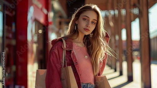 Full length portrait of a stylish young woman holding shopping bags and smiling outdoors