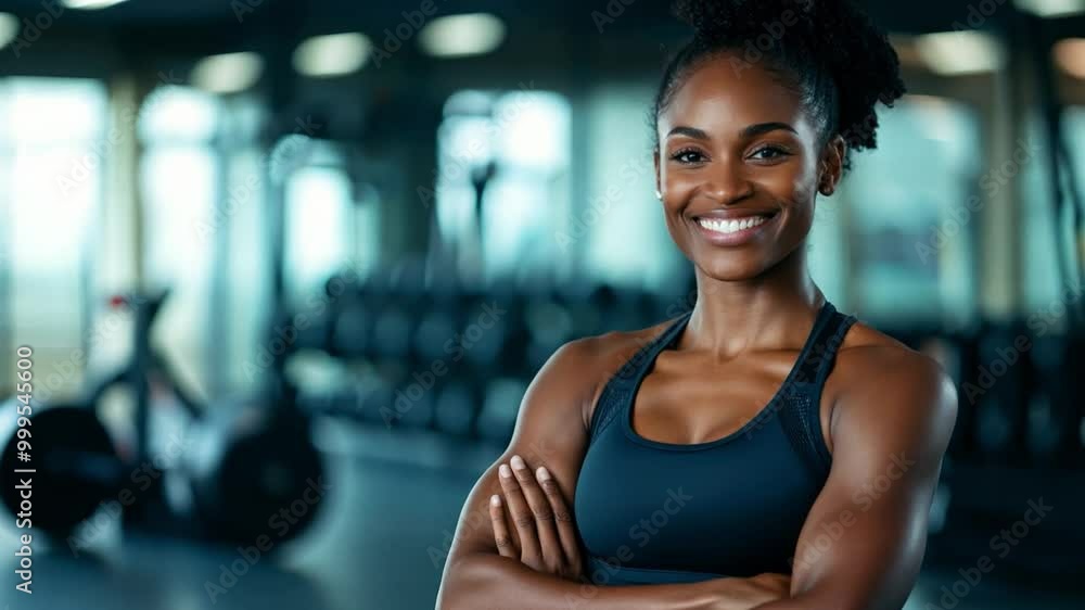 Smiling black woman with strong arms poses confidently in a modern gym during daytime hours Smiling black woman with strong arms poses confidently in a modern gym during daytime hours