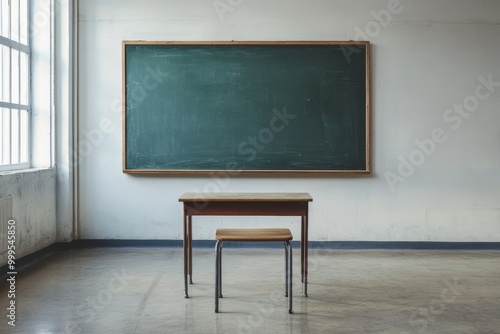 Minimalist classroom interior with large green chalkboard, wooden desk and chair, and sunlight from window