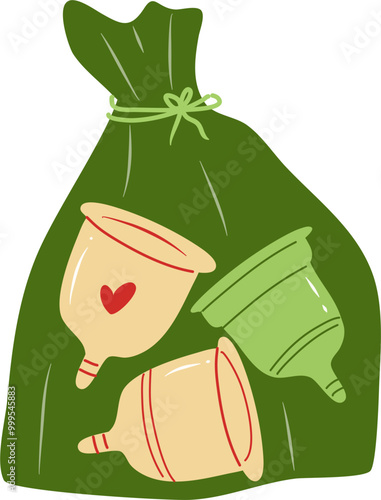 Menstrual illustration. Cloth menstrual pad. Menstrual cup. Menstrual cycle. 