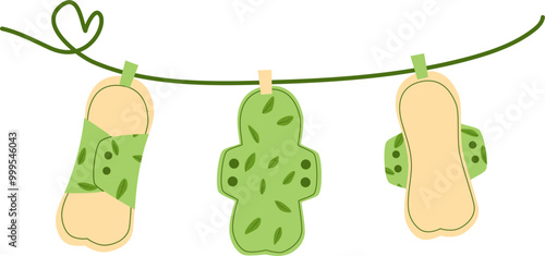 Menstrual illustration. Cloth menstrual pad. Menstrual cup. Menstrual cycle. 