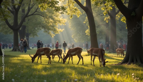  Peaceful coexistence  Wildlife and humans share a serene moment in the park photo