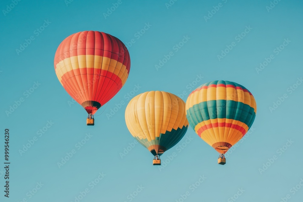 Naklejka premium Three vibrant hot air balloons floating in a bright blue sky on a sunny day