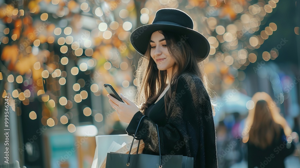 Elegant young woman in black dress and hat, smiling while using mobile phone and holding shopping bags on black Friday Elegant young woman in black dress and hat, smiling while using mobile phone and holding shopping bags on black Friday
