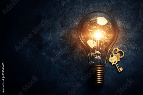 Illuminated Idea: Light Bulb and Key on a Dark Surface