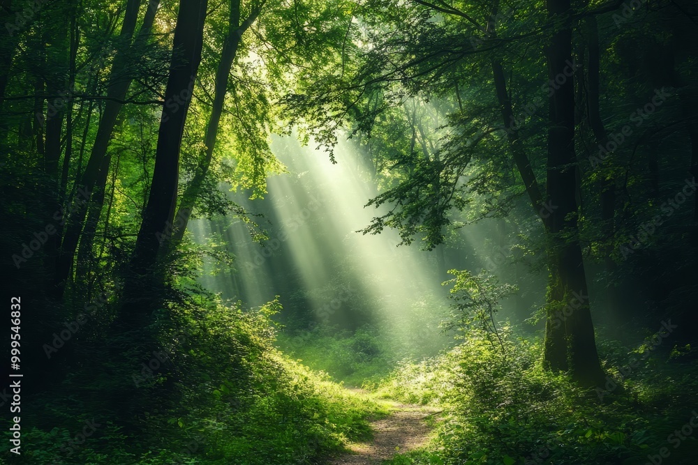 Fototapeta premium Sunlight streaming through trees in a lush green forest, creating magical rays in the misty air