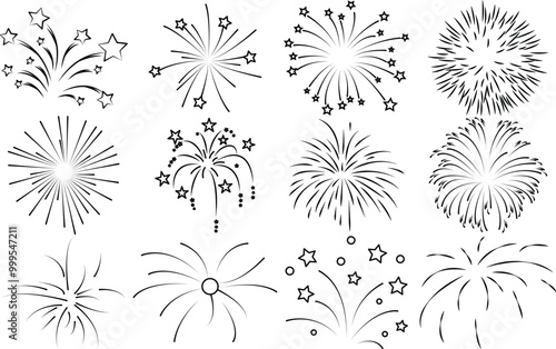 Comic Fireworks, sunburst radial stripes. retro design. New Year's Party celebration Hand drawn doodle.