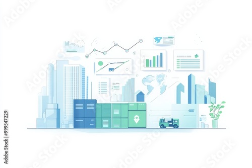 inforgraphic about logistic business, company revenue growth. Color tone are pastel blue, light blue, green, white. Minimalistic style.