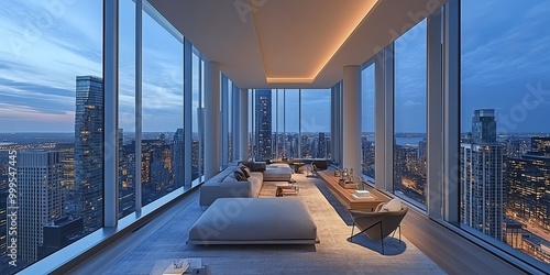 Modern living room with large windows overlooking city skyline at dusk.