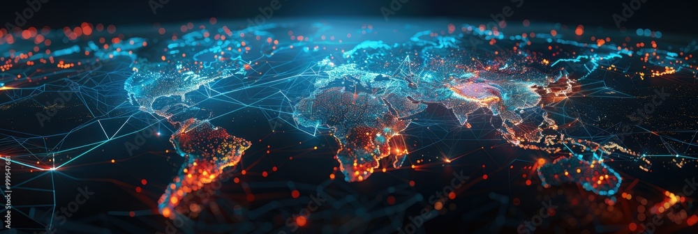 Abstract world map with glowing blue and red lines. Abstract world map with glowing blue and red lines.