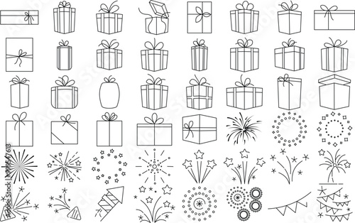 Gift Box, Tied Bow, Party Celebration Decoration, Comic Fireworks. Thin line art Editable Stroke icon set