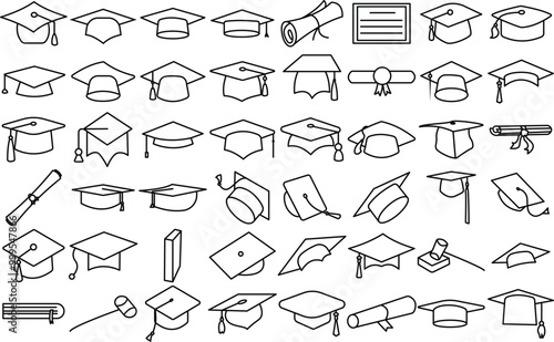 Education - Graduation hat cap Icon set. Scroll and Mortar Board Vector. Thin line art Editable Stroke icon set.