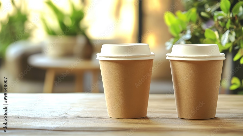 Two paper cups with a lid for tea to go. Coffee take away is on the table. There is space for text in the background. Two paper cups with a lid for tea to go. Coffee take away is on the table. There is space for text in the background.