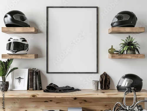 Minimalist White Poster Frame on Wooden Shelf with Motorcycle Helmets, Leather Jacket, and Plants