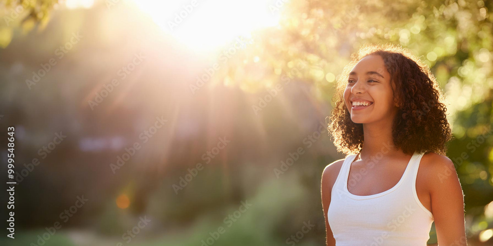 A portrait of a Black woman wearing a white tank top, taken in a forest park. A portrait of a Black woman wearing a white tank top, taken in a forest park.
