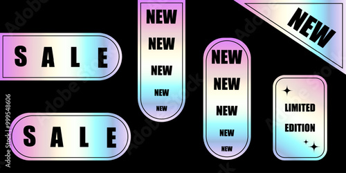 Holographic shiny label set. Labels with rainbow gradient holograms of different shapes. Sticker shapes for tag preview, labels. Vector illustration