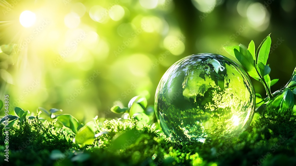 A glass globe representing the Earth sits on a bed of green moss in a forest. The sun shines through the leaves in the background, casting a warm glow on the scene. A glass globe representing the Earth sits on a bed of green moss in a forest. The sun shines through the leaves in the background, casting a warm glow on the scene.