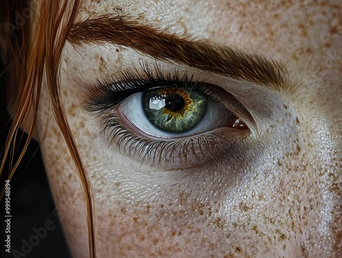 Intense Green Eye with Freckles Close Up Portrait photo