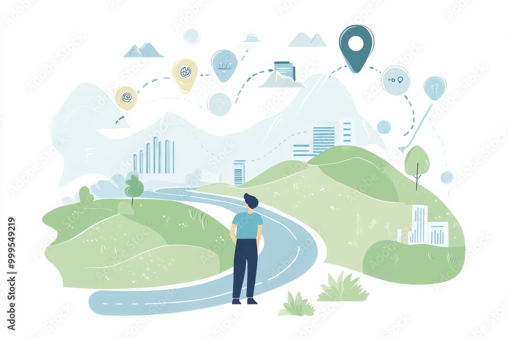 Obraz premium inforgraphic about cartoon road map of business, company revenue growth. Color tone are blue, light blue, grren, white. Minimalistic style.