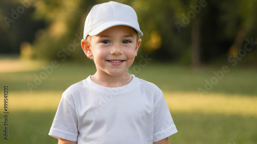 Little boy wearing white t-shirt and white baseball cap standing in nature