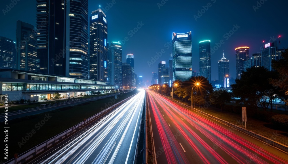 Vibrant cityscape at night with illuminated highway Vibrant cityscape at night with illuminated highway