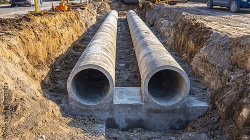 Concrete drainage pipes at the construction site. Laying of underground storm sewer pipes. Installation of water main sanitary sewer. Installation of concrete sewer wells in the ground