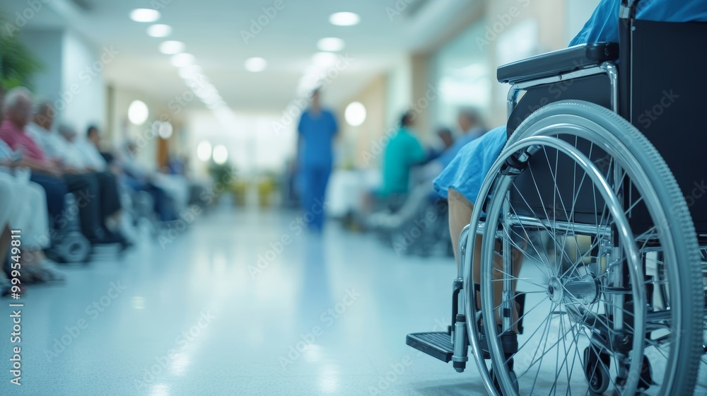Waiting zone for wheelchair users....Patients who are unable to walk and many elderly patients sit in the hospital wheelchair to see a doctor and use the hospital services ... lens blurred. Waiting zone for wheelchair users....Patients who are unable to walk and many elderly patients sit in the hospital wheelchair to see a doctor and use the hospital services ... lens blurred.