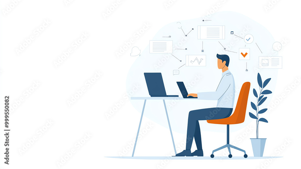 Man working on laptop, modern office workspace, white background. Man working on laptop, modern office workspace, white background.