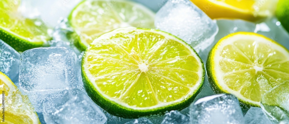Fresh Lime Slices with Ice Cubes on White Background Fresh Lime Slices with Ice Cubes on White Background