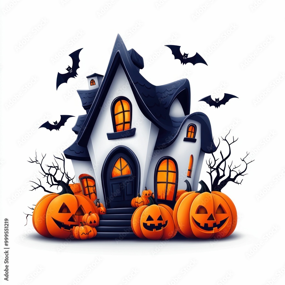 Spooky Halloween Haunted House with Pumpkins and Bats Spooky Halloween Haunted House with Pumpkins and Bats