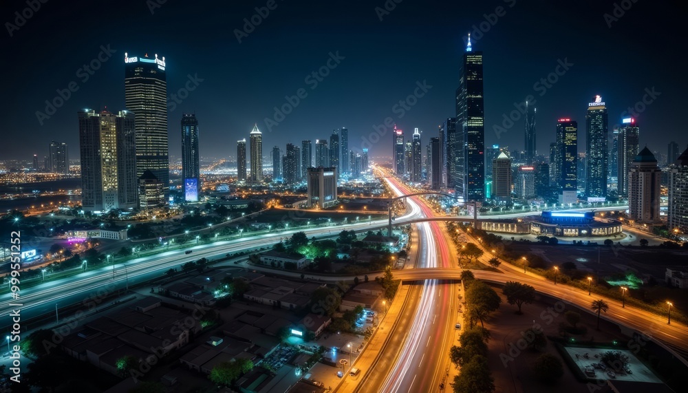 Fototapeta premium Vibrant cityscape at night illuminated by bright lights and bustling with activity