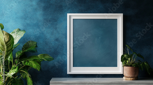 Blank Frame Mockup with Plants on Teal Wall