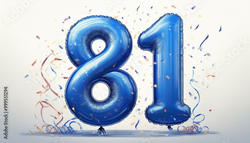 Blue birthday / anniversary balloon, number 81, white background with confetti photo