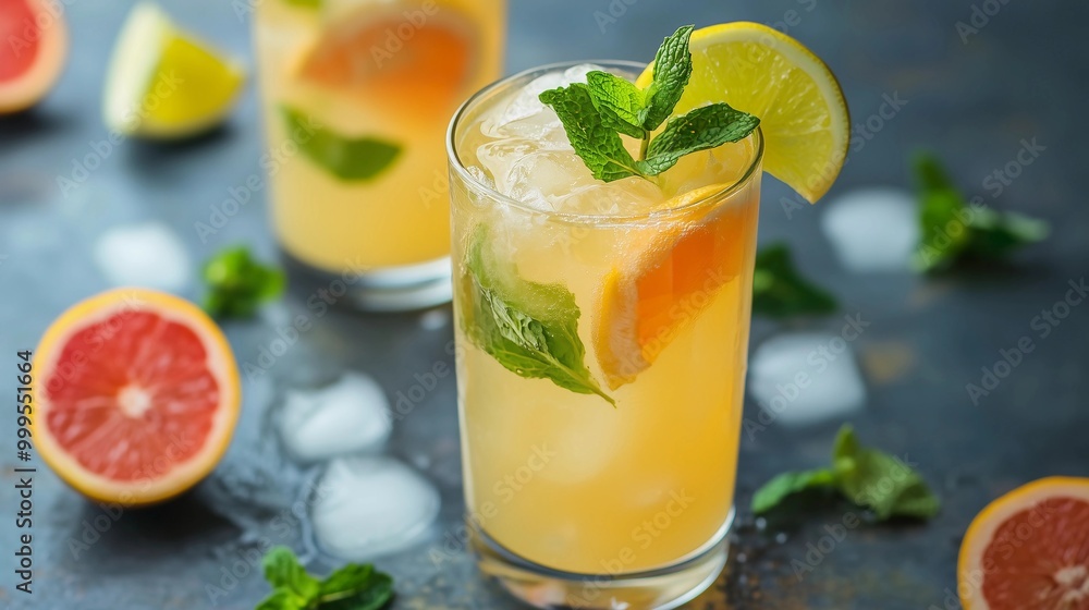 A glass of fresh and refreshing grapefruit lemonade with ice cubes, mint leaves, and citrus fruits on the side. A close-up shot capturing its vibrant color and smooth texture A glass of fresh and refreshing grapefruit lemonade with ice cubes, mint leaves, and citrus fruits on the side. A close-up shot capturing its vibrant color and smooth texture