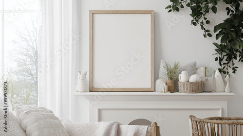 Blank Canvas Mockup in Minimalist Living Room with Fireplace and White Decor