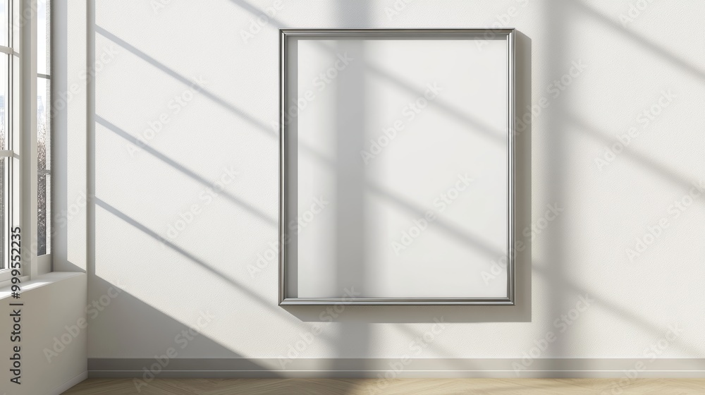 Realistic photo frame mockup. Portrait large a3 a4 metal frame mockup on the wall with light window shadow overlay effect. Simple clean modern minimal poster frame. White picture frame mockup