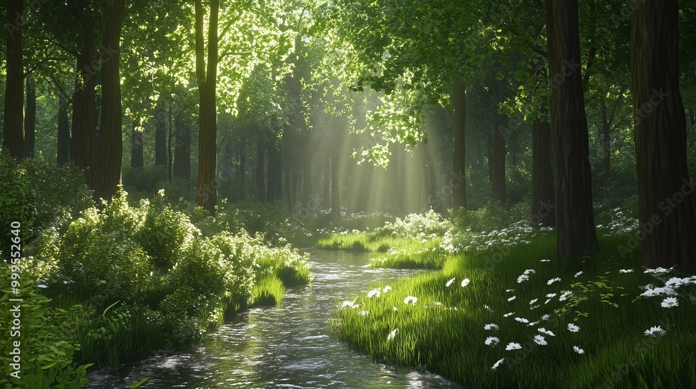 A peaceful forest scene with tall trees, lush green grass, and flowers on the ground. A small stream flows through it, reflecting light from above on its water surface A peaceful forest scene with tall trees, lush green grass, and flowers on the ground. A small stream flows through it, reflecting light from above on its water surface