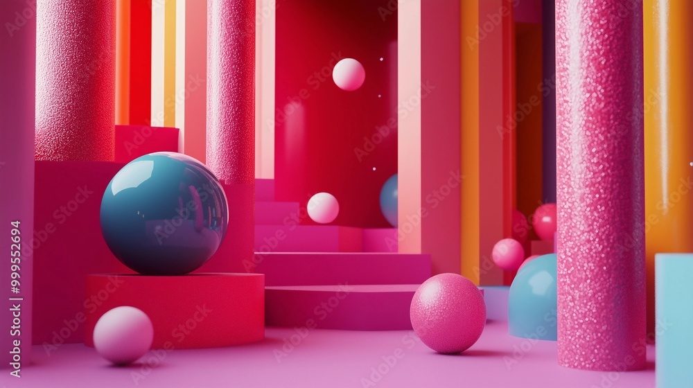 3D render of colorful abstract geometric shapes in the background, set against a pink and red backdrop with steps leading up to it. In front is a blue sphere surrounded by spheres 3D render of colorful abstract geometric shapes in the background, set against a pink and red backdrop with steps leading up to it. In front is a blue sphere surrounded by spheres