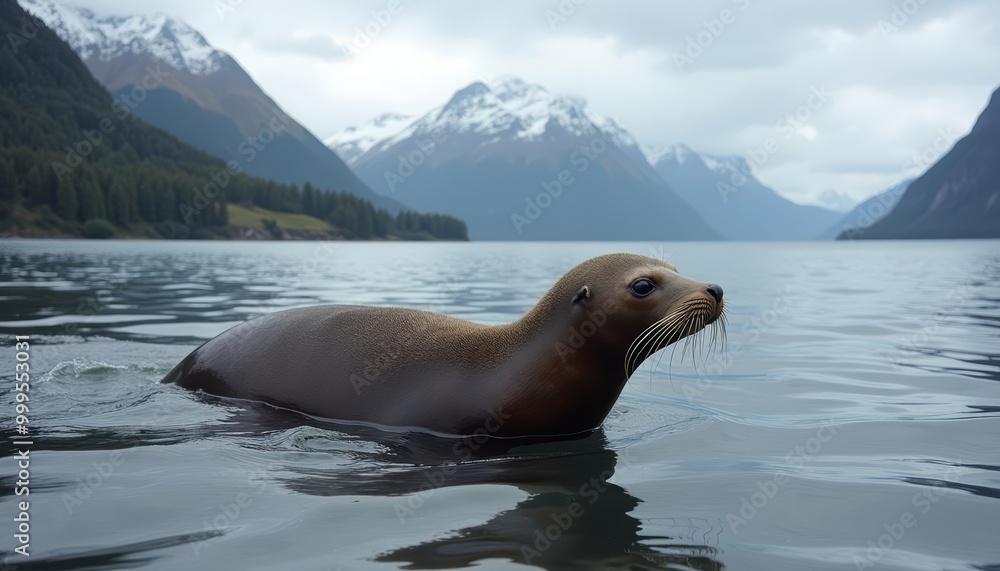 Fototapeta premium Sea otter swimming in serene mountain lake